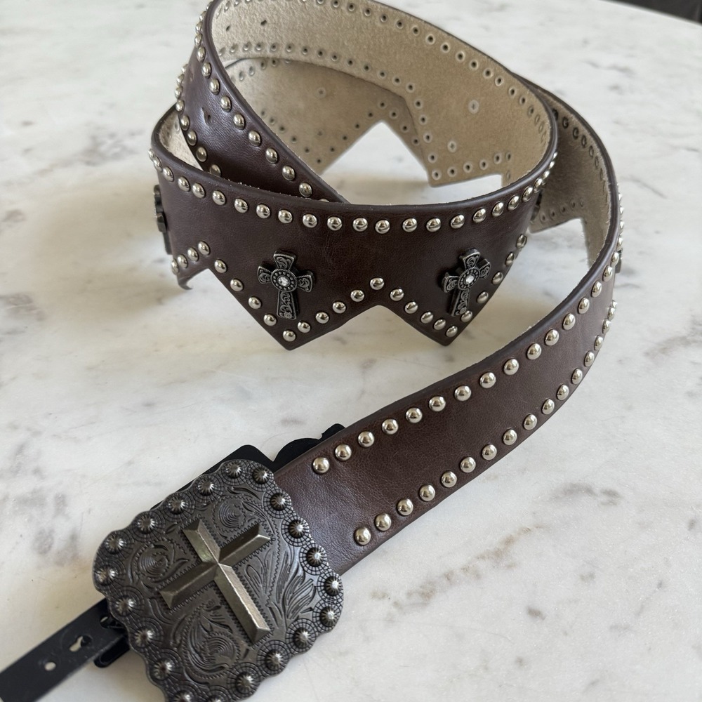 Square Crossberry Concho Western Belt Womens XL Leather Cross Nail Head Sawtooth